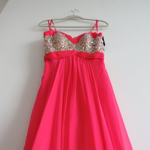 LA FEMME 18733 Beaded Bodice Chiffon Strapless Maxi Prom Dress Watermelon 4 NWT - Picture 8 of 15